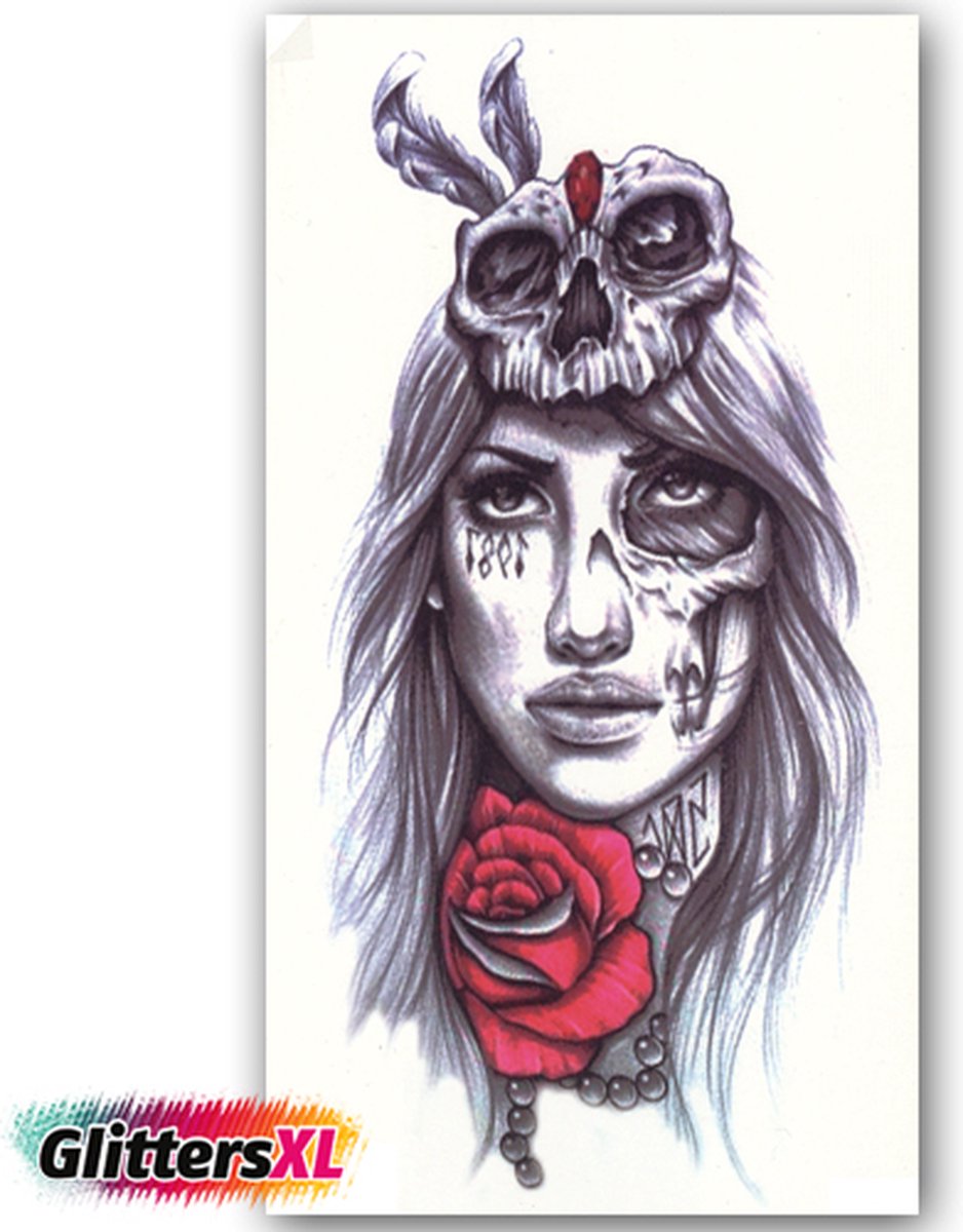 GlittersXL - Temporary Tattoo Vrouw/Roos/Doodshoofd (21x12 cm) [Neptattoo - Tijdelijke tatoeage - Nep Fake Tattoos - Water overdraagbare festival sticker henna outfit tattoo - Glitter tattoo - Volwassenen Kinderen Jongen Meisje]